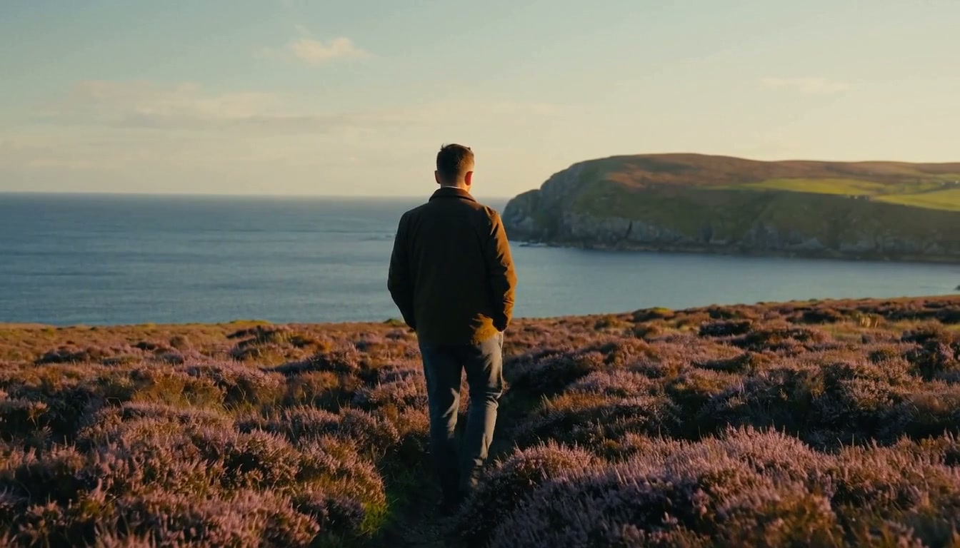 A business owner walking an unhurried path through coastal heather beside the sea
