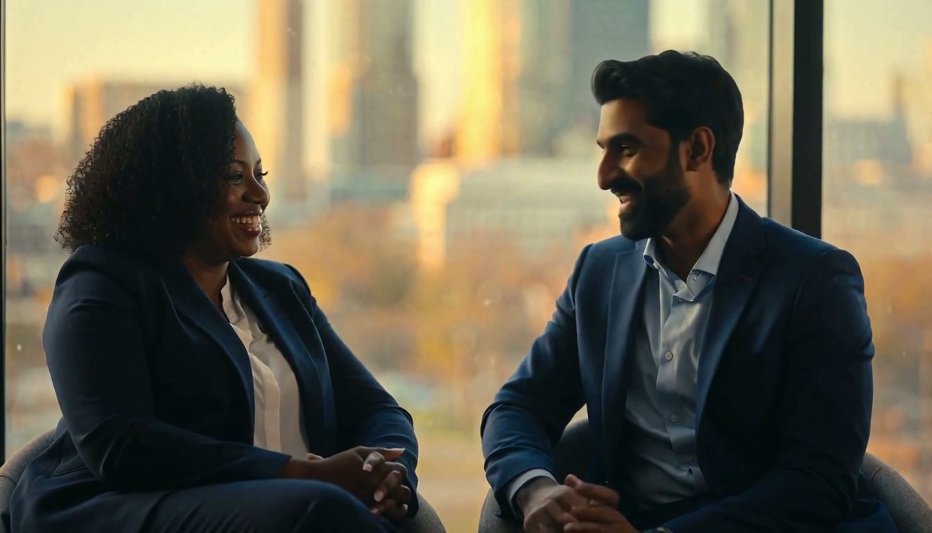Two advisors laughing together in warm conversation by a large window as they talk through a decision