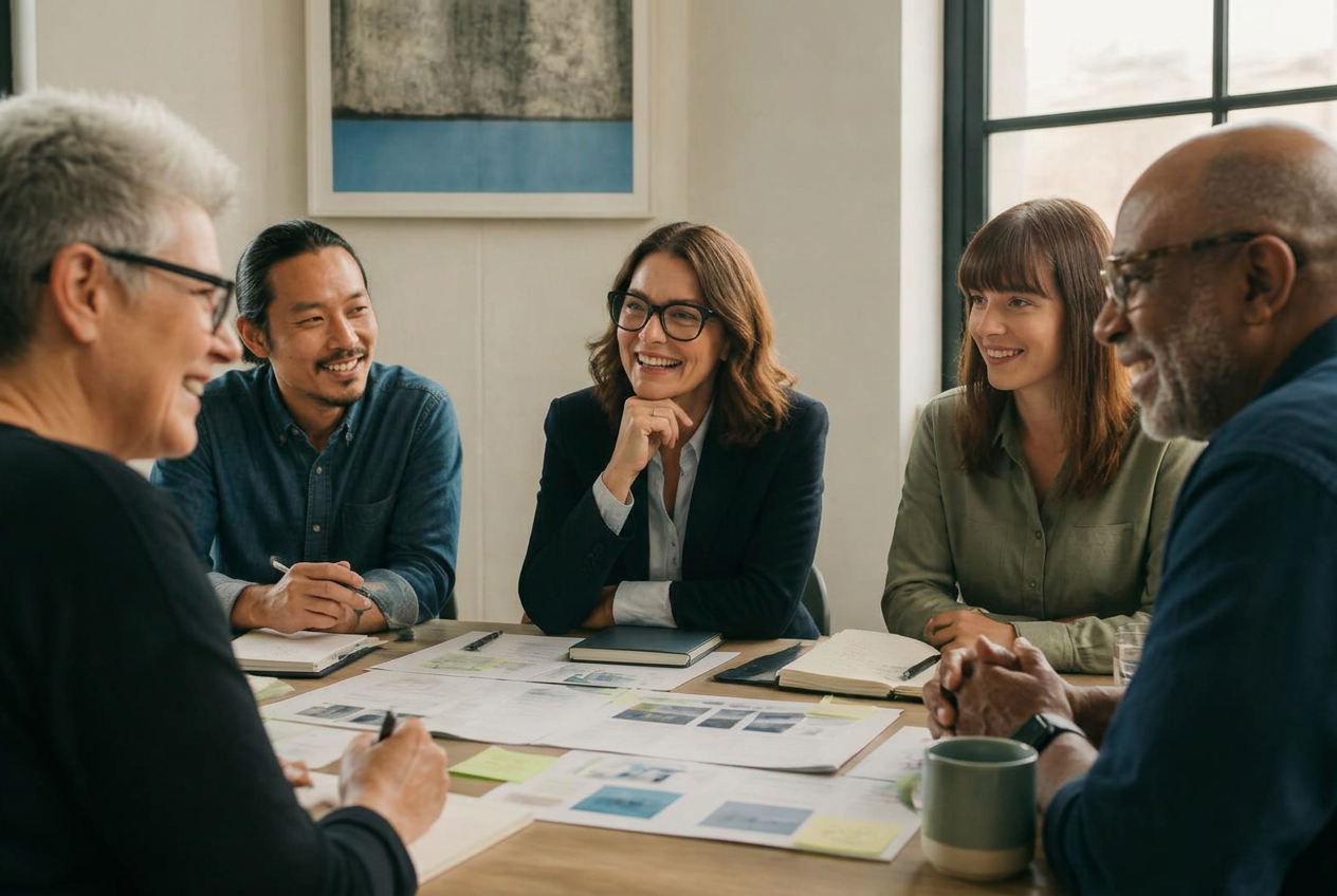 A strategic partner working alongside an internal leadership team in warm daylight