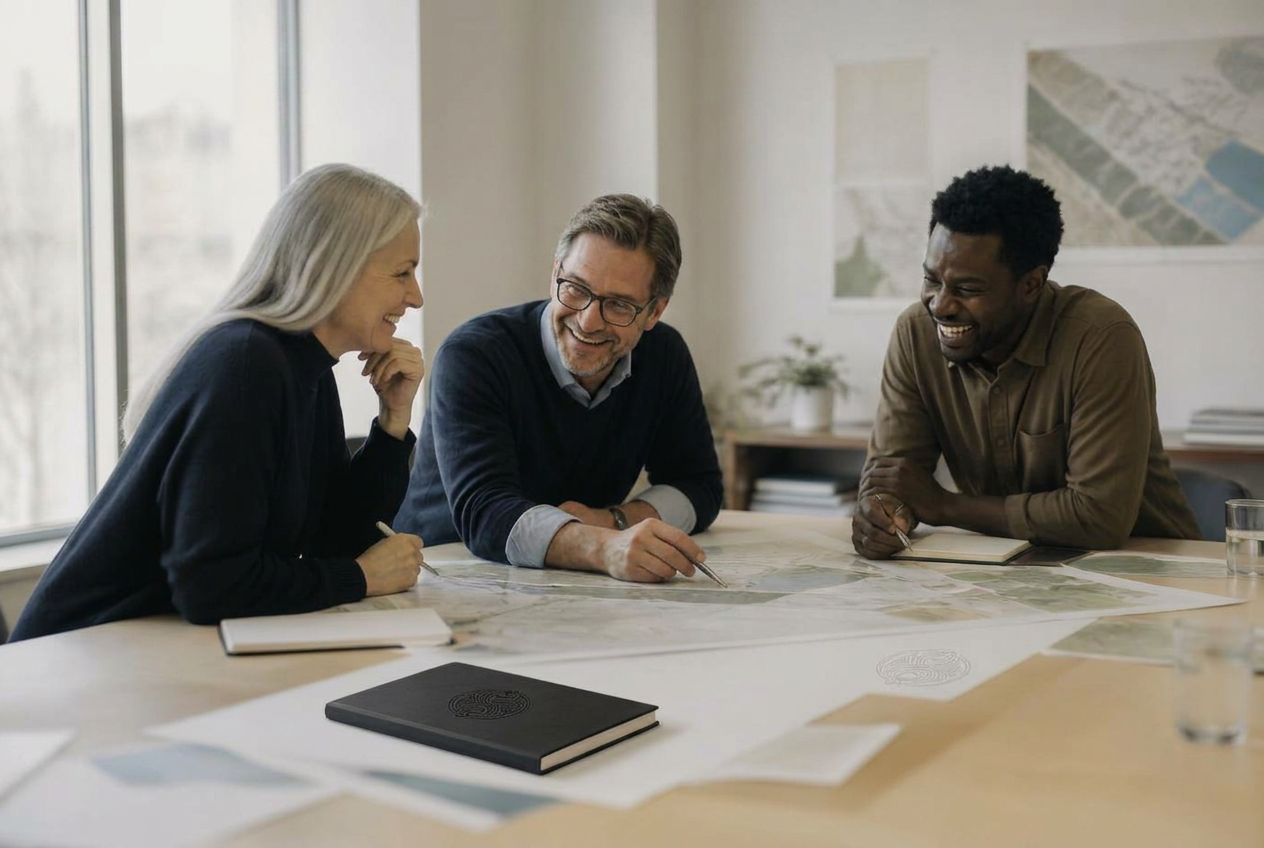 Three senior colleagues of different ages working closely over printed maps and diagrams at a long table in window light