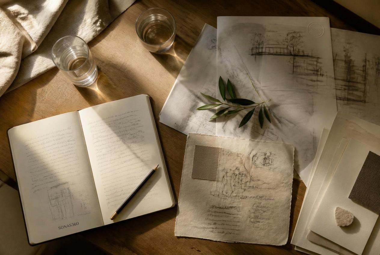 An overhead view of a working table with handwritten notes, tracing paper, an open notebook, water glasses and a small green clipping