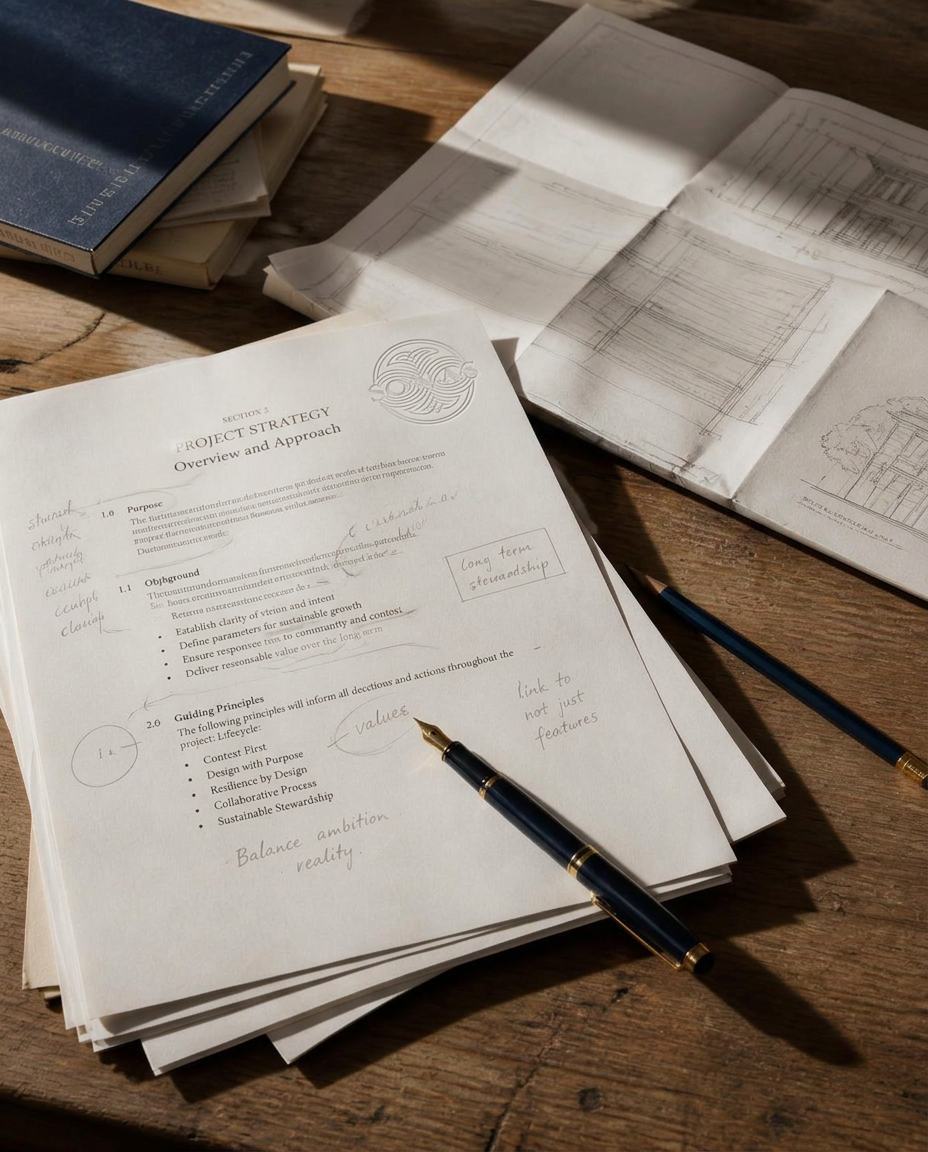 Marked-up strategy pages, a fountain pen and folded plans on a plain wooden table in raking daylight
