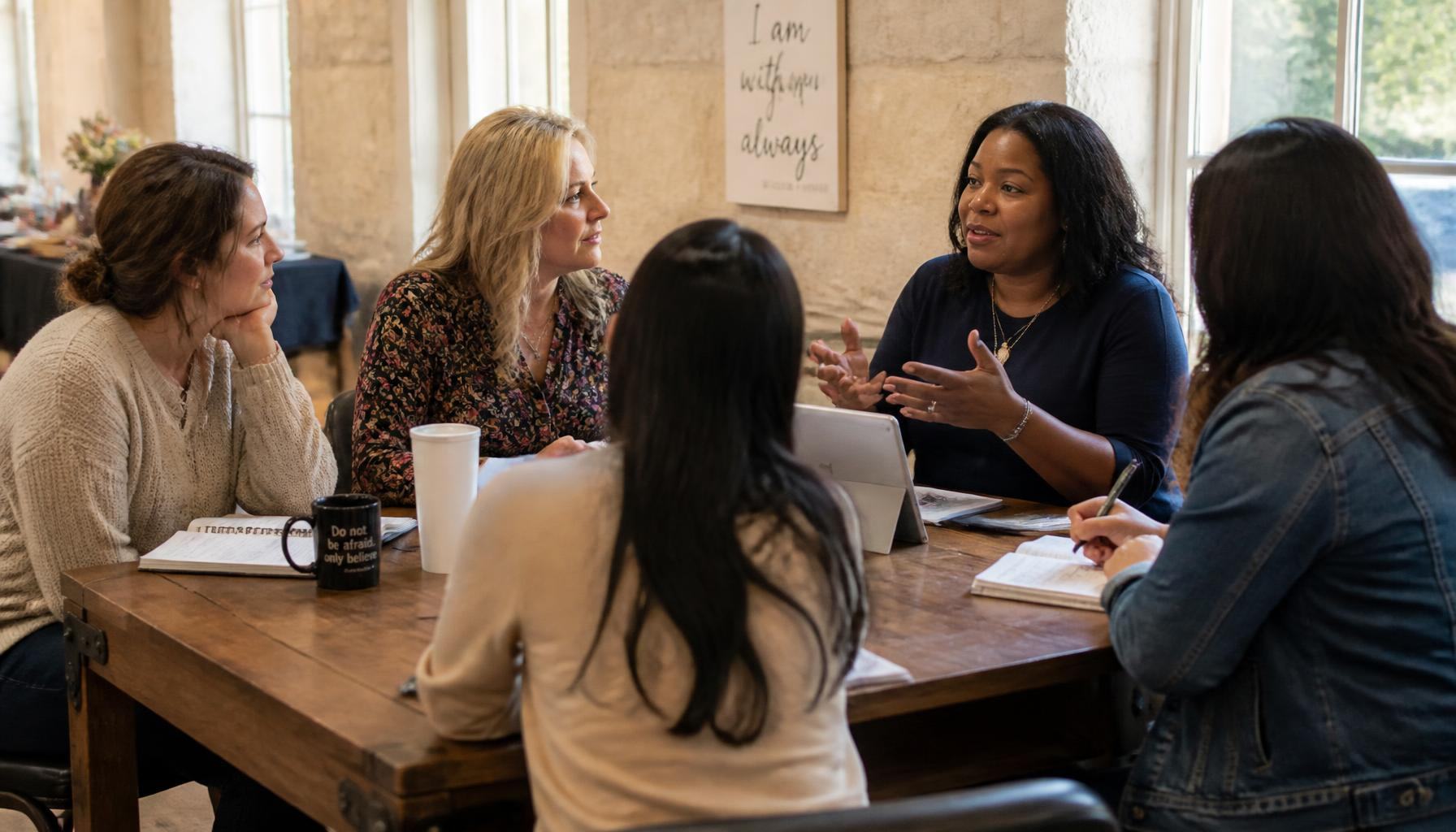 Founders gathered around a table with notebooks and laptops in quiet conversation