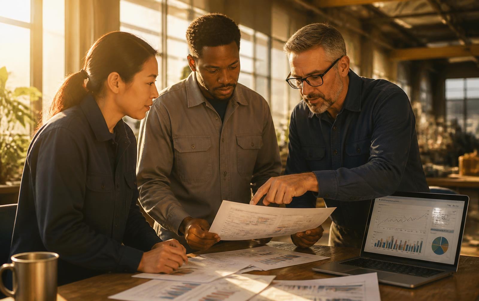 Three colleagues standing together at a sunlit table reviewing printed performance charts beside a laptop dashboard