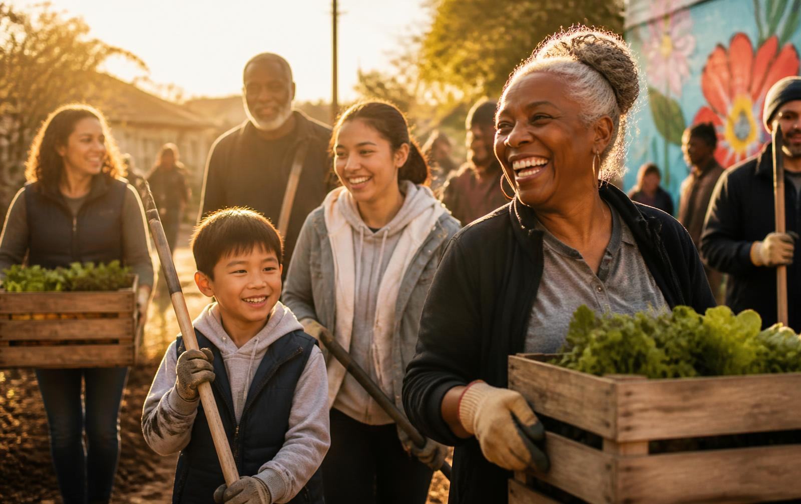 A joyful multigenerational group of volunteers carrying crates of seedlings and tools through a community garden at golden hour