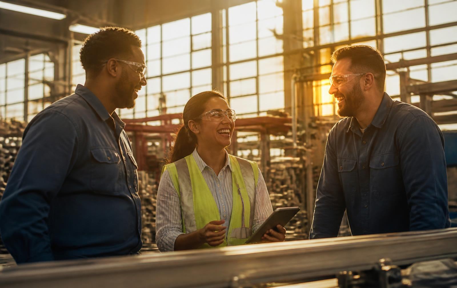 Three manufacturing colleagues in safety glasses and a hi-vis vest laughing together beside a production line as golden light floods the factory windows