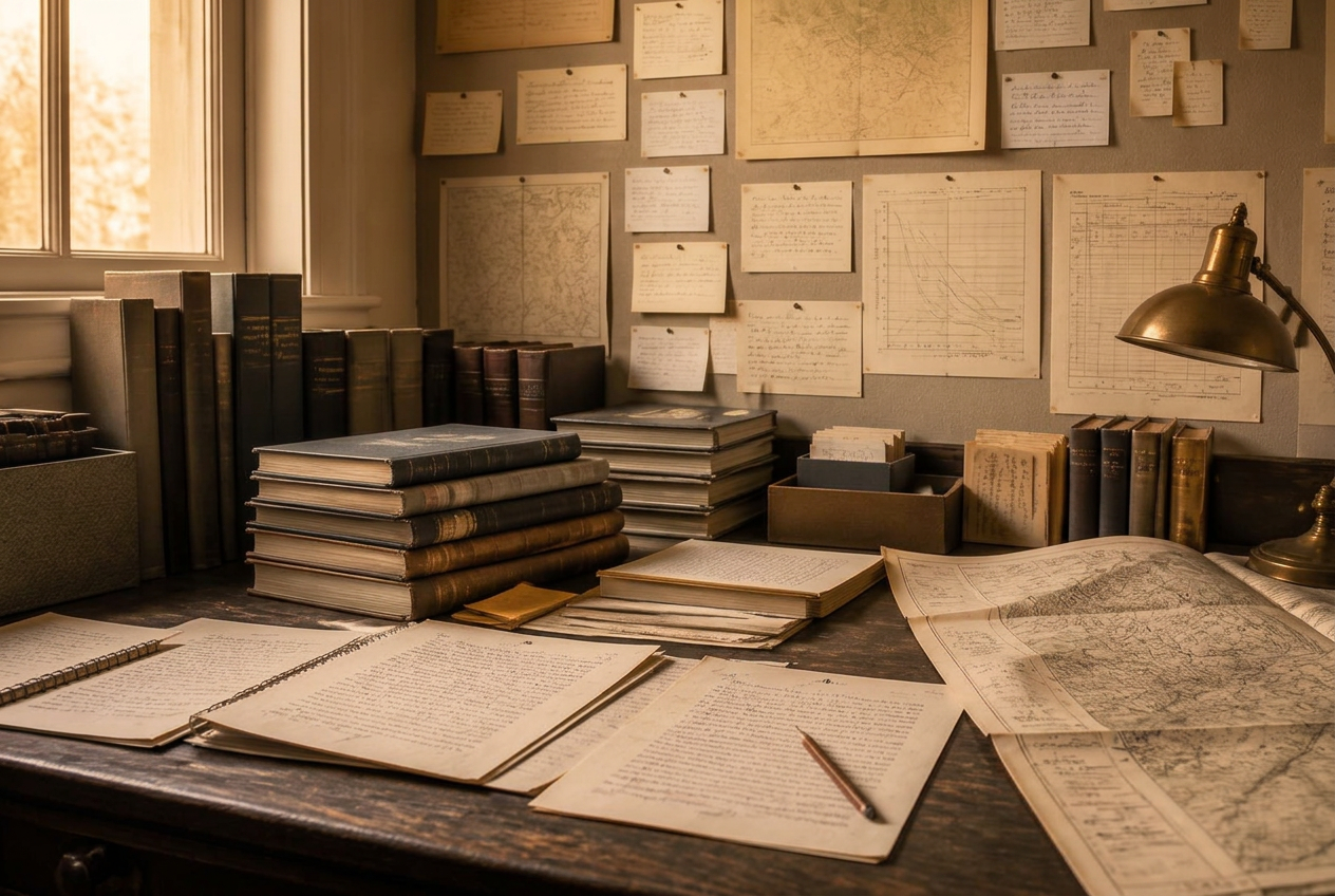 A worn desk of bound research volumes, annotated pages, and a pinned wall of index cards and hand-drawn charts