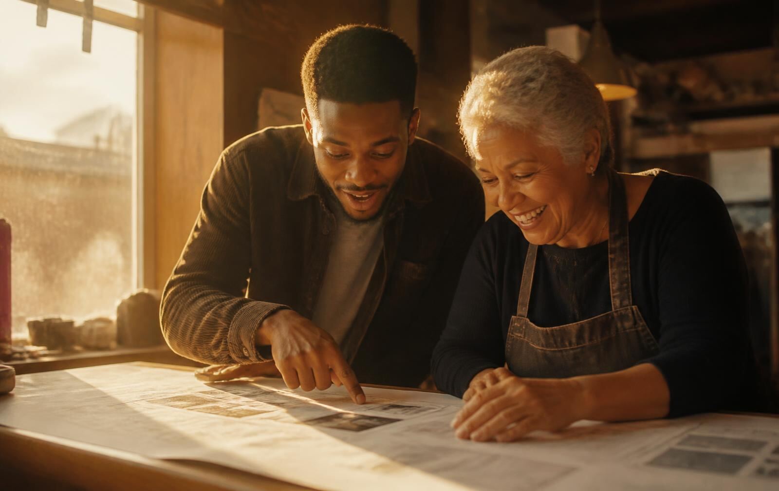 An older owner and a younger colleague smiling over a paper plan spread on a counter