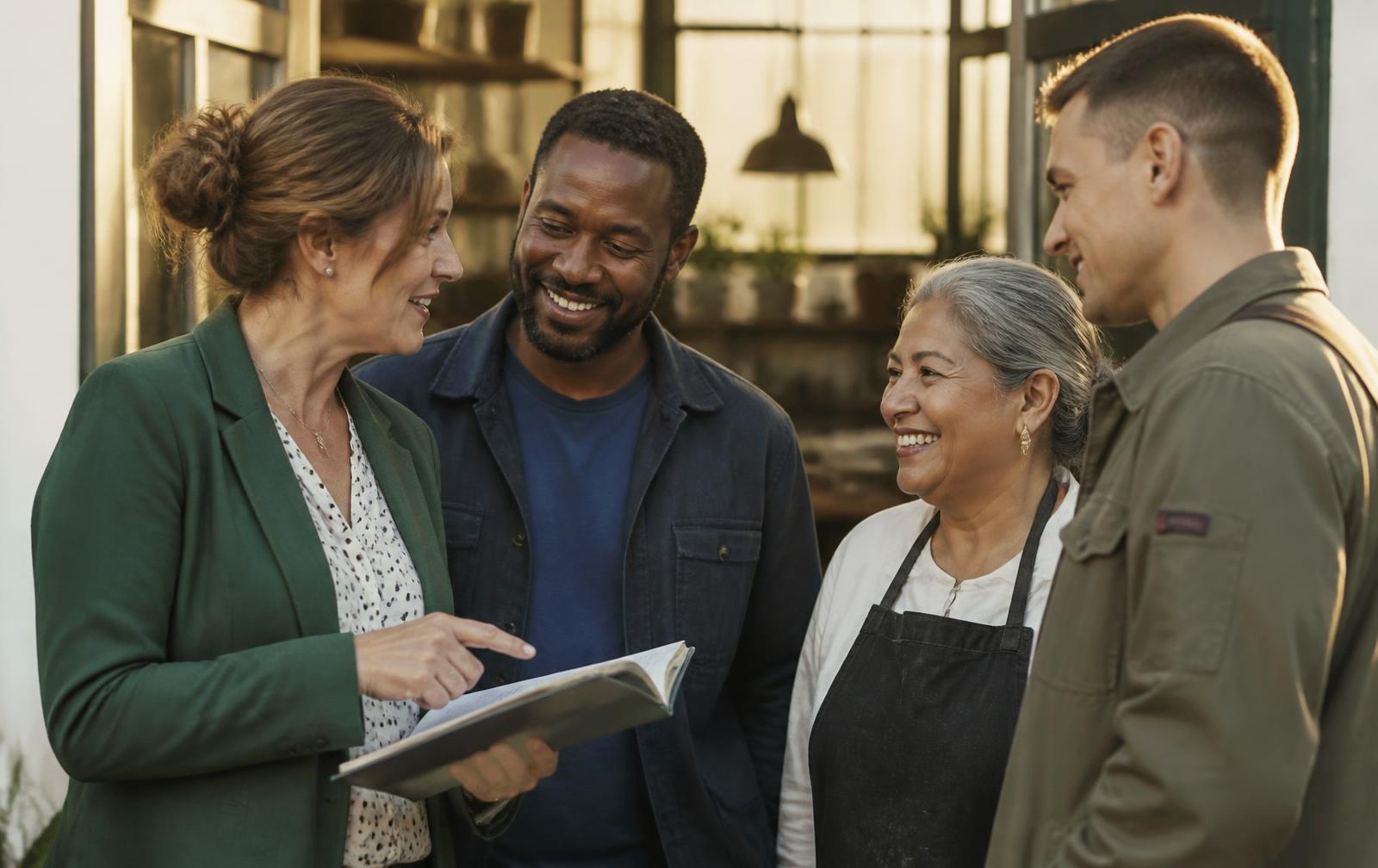 Four business owners gathered in a workshop doorway in golden light, smiling as one points to a page in an open notebook