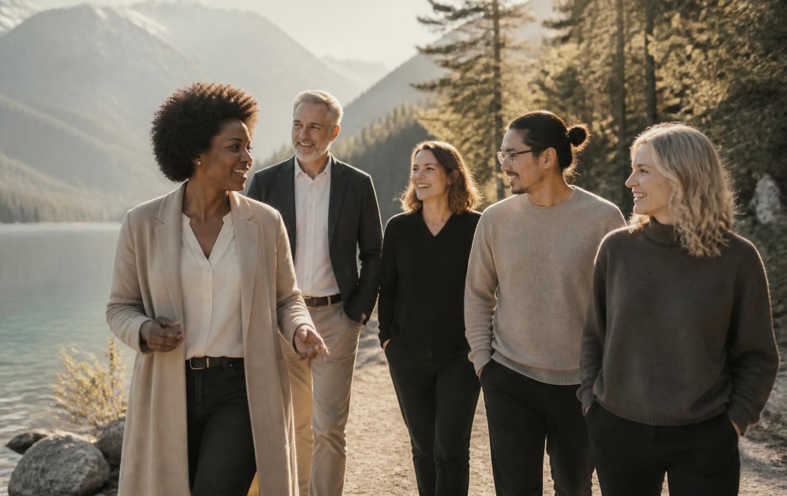 A diverse group of entrepreneurs walking together along a quiet lakeside path in golden morning light, the shoreline curving ahead like an open circle