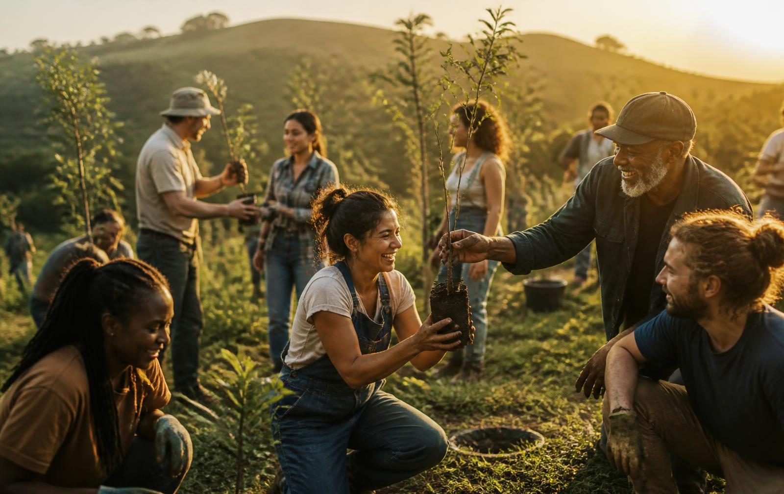 A joyful, multigenerational group of neighbors planting a young orchard together on a green hillside at golden hour, handing saplings to one another
