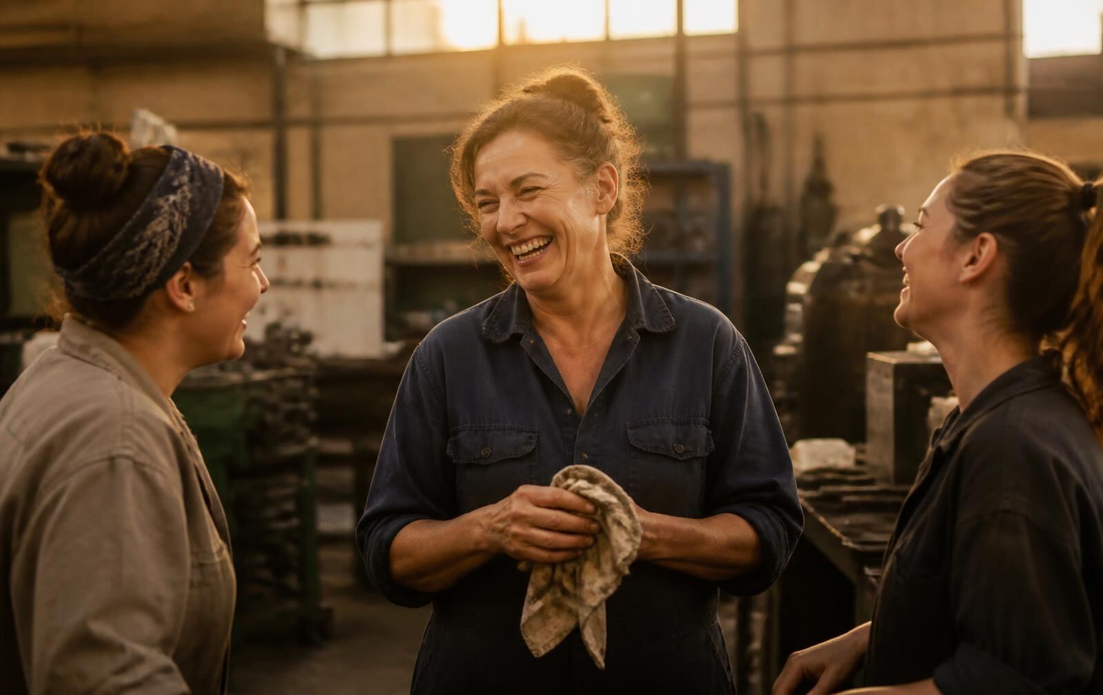 A woman owner laughing with two employees on the floor of a small manufacturing shop