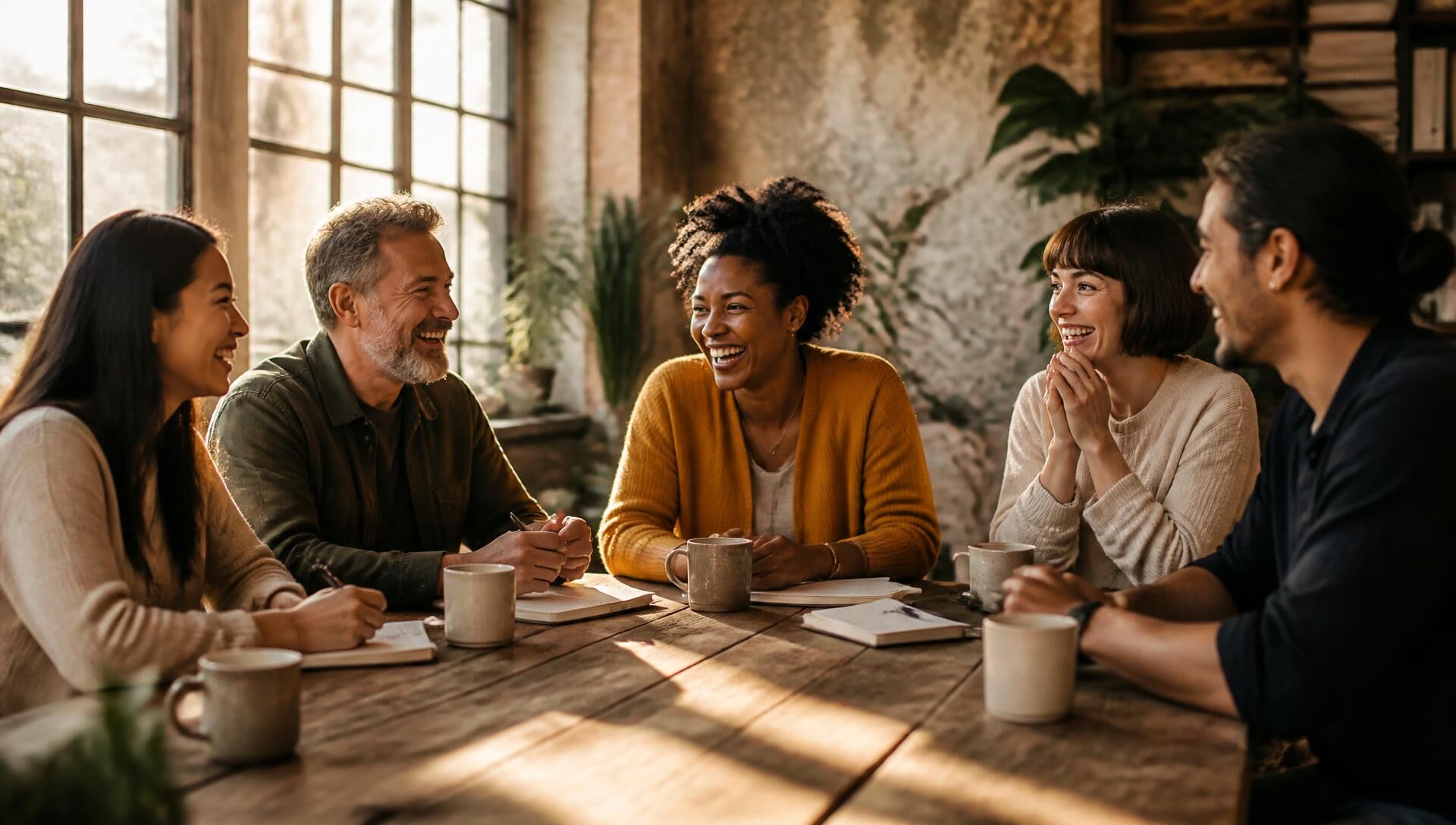 Five small business owners laughing together around a long wooden table in golden morning light, notebooks and coffee mugs between them