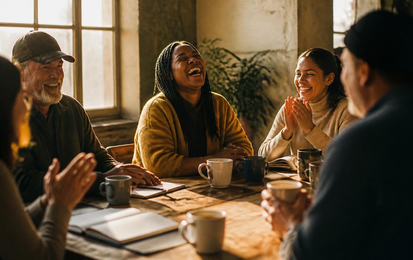 Three women business owners laughing together around a wooden table in warm morning light, notebooks and coffee between them