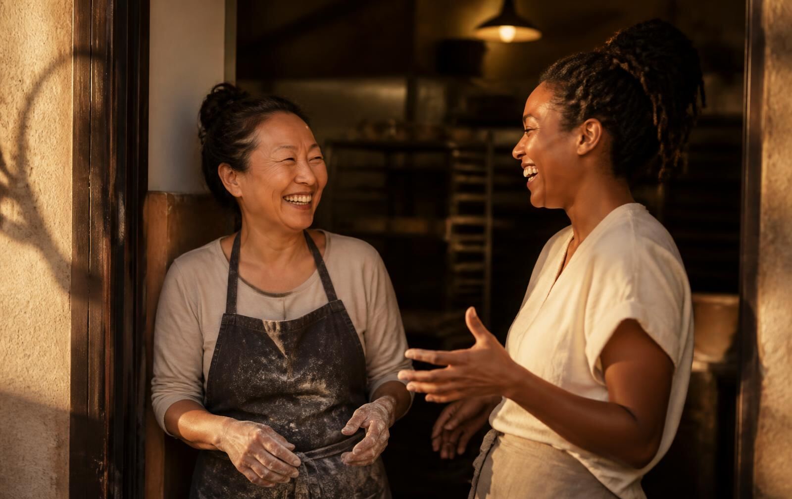 Two makers smiling in the sunlit doorway of a small workshop