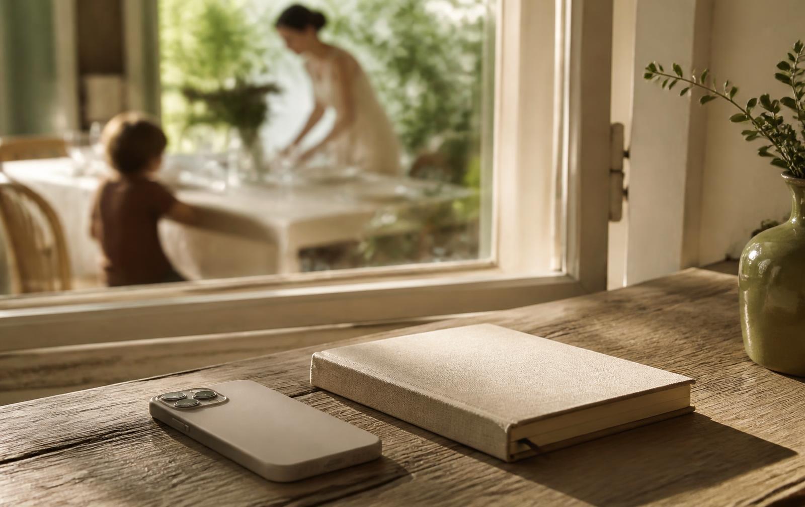 A phone resting face-down beside a closed notebook in a calm, sunlit setting
