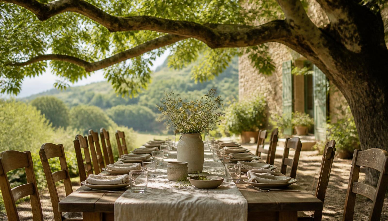 A long table prepared for people beneath a mature tree