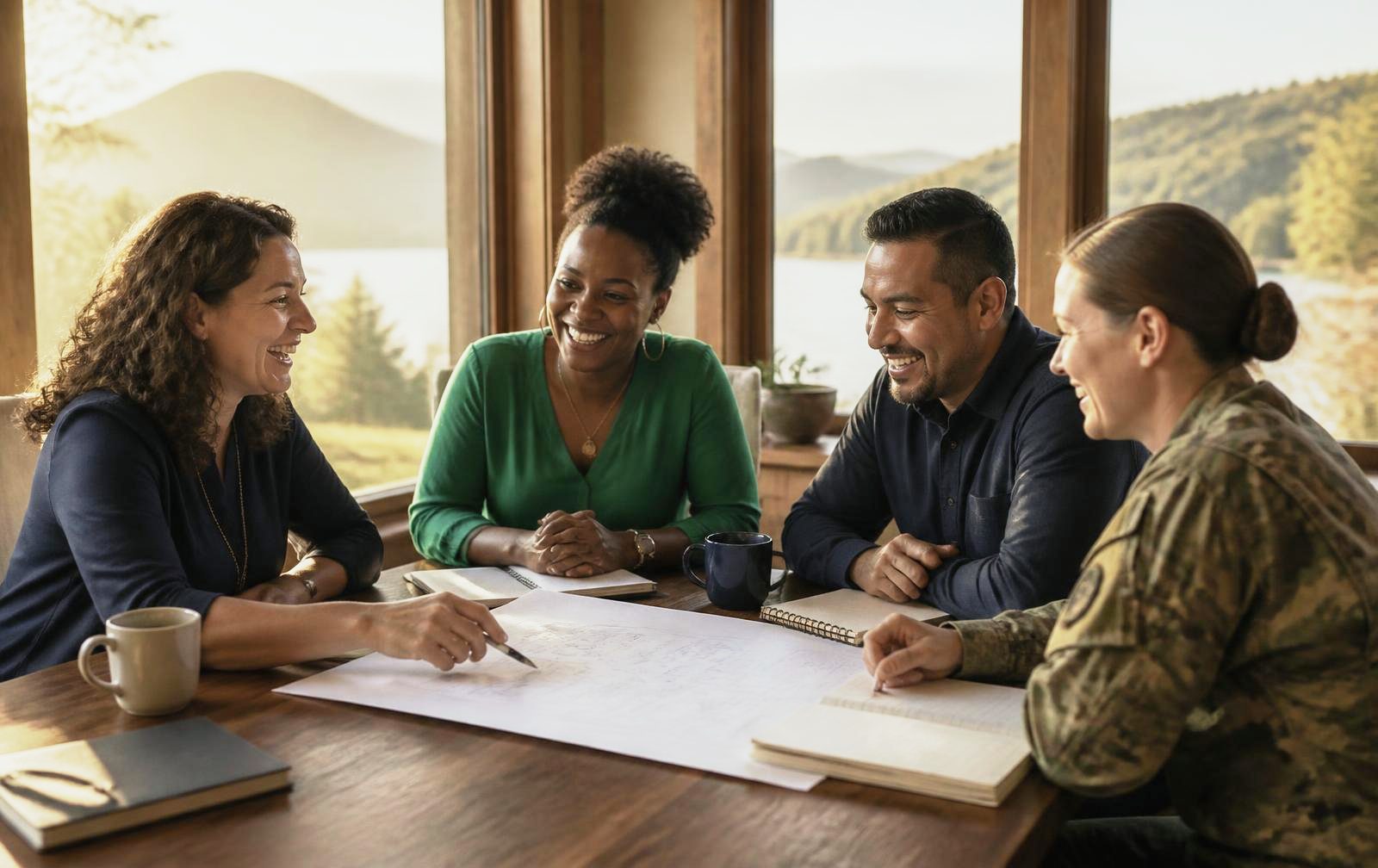 Four small business owners laughing and collaborating around a printed sheet at a lakeside table, with a mountain lake visible through the windows