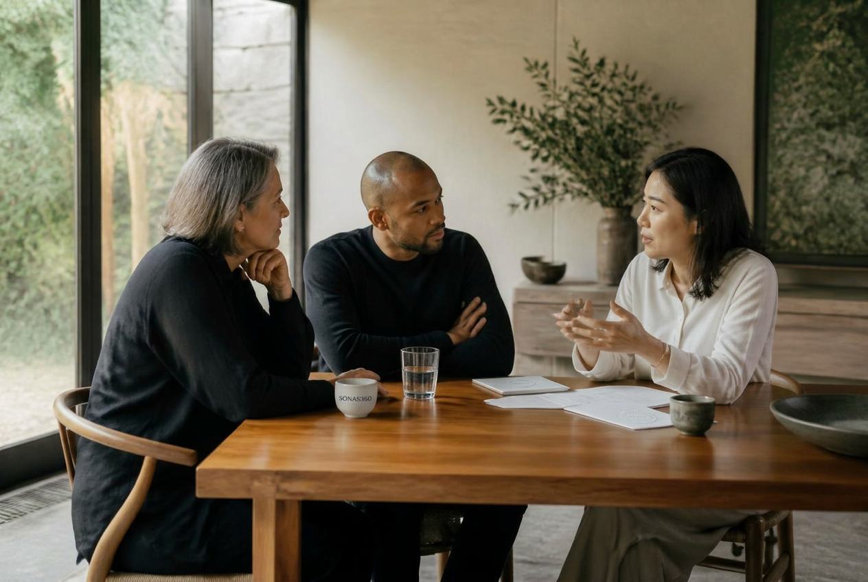 Three leaders gathered around a substantial wooden table in a light-filled room, one listening while another explains an idea over paper notes