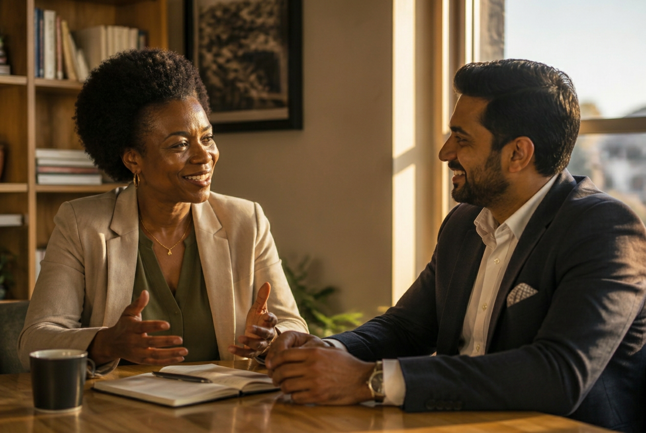 A Black woman advisor and a South Asian man advisor in unhurried conversation beside a tall window in a book-lined room