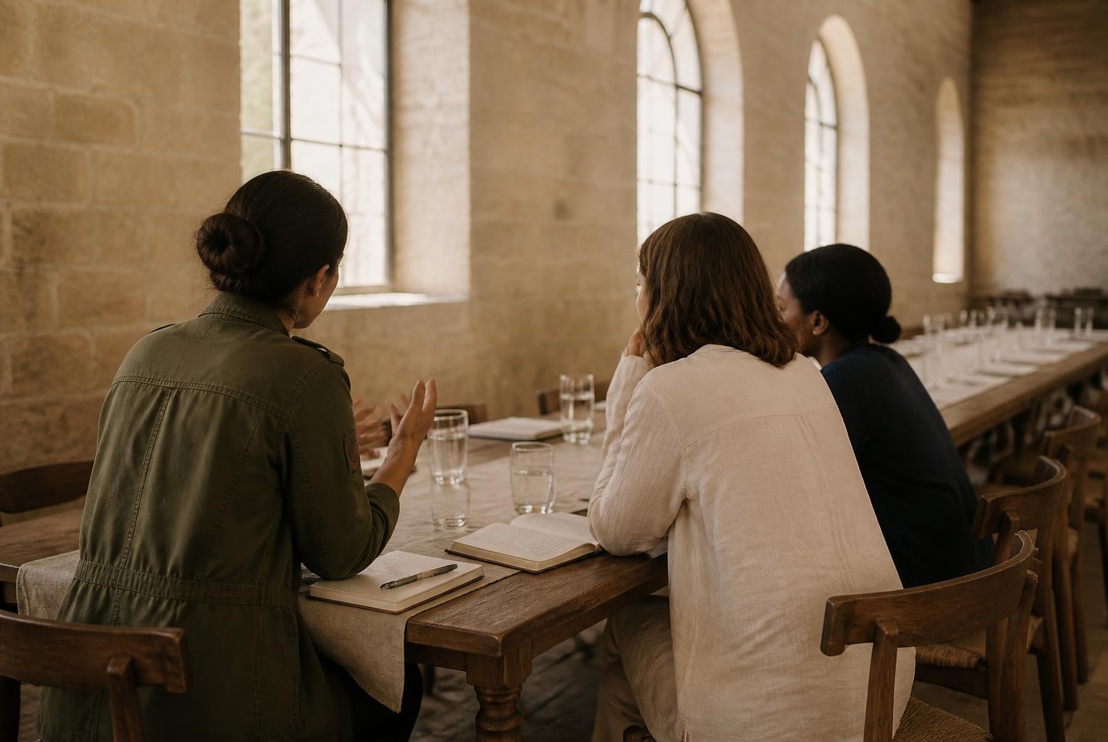 Three women founders in discussion along a long refectory table in a sunlit stone hall, one wearing a veteran's field jacket