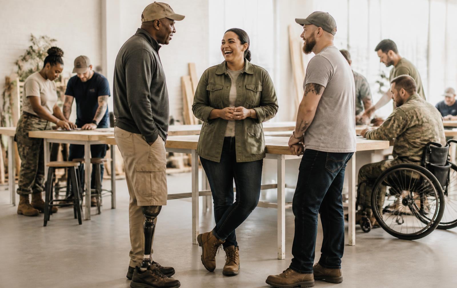 Veteran business owners talking together in a workshop in warm afternoon light