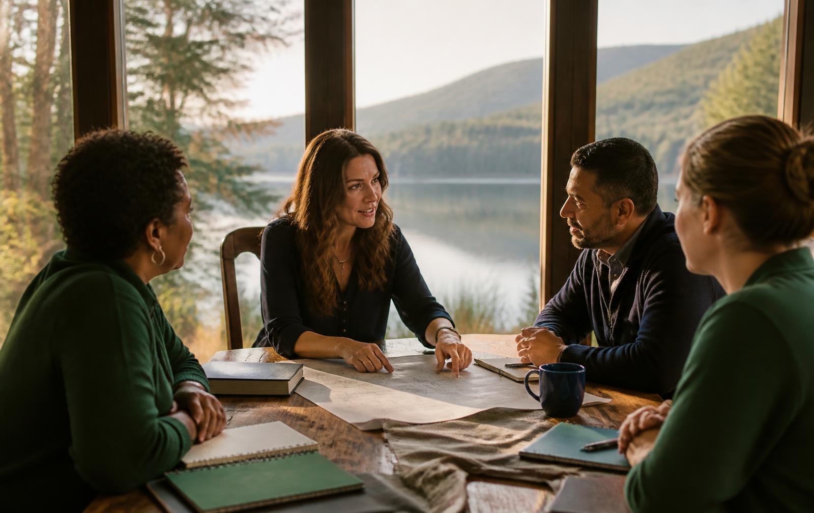 A female entrepreneur leading a collaborative meeting of small business owners around a long table, a mountain lake visible through the windows behind them